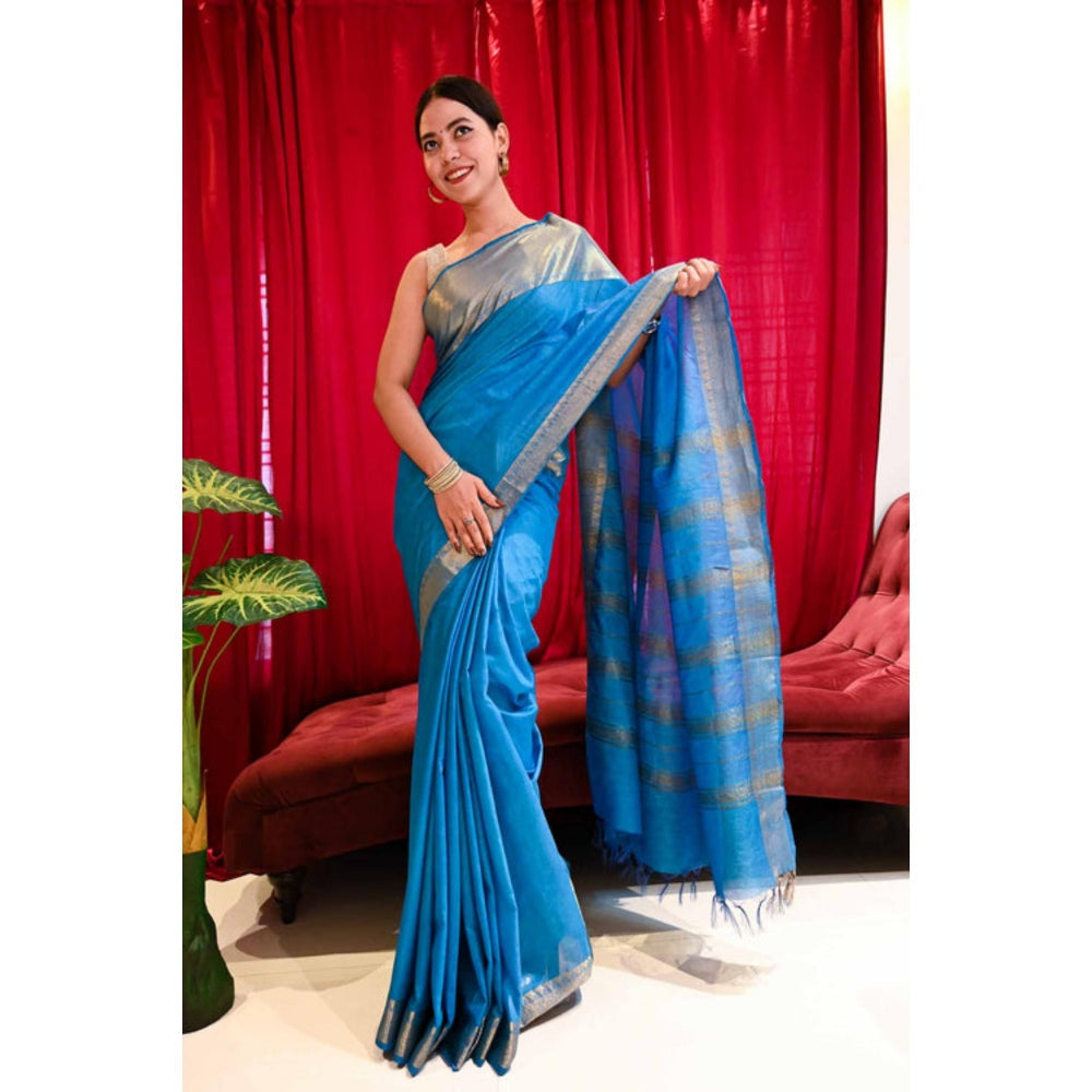 Isadora Life Womens Woven Zari Blue Pre-Draped Saree With Unstitched Blouse