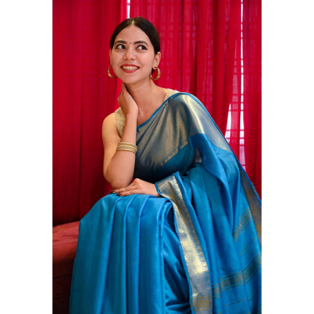 Isadora Life Womens Woven Zari Blue Pre-Draped Saree With Unstitched Blouse