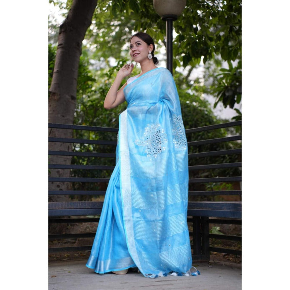 Isadora Life Womens Embroidered Mirror Work Blue Pre-Draped Saree With Unstitched Blouse