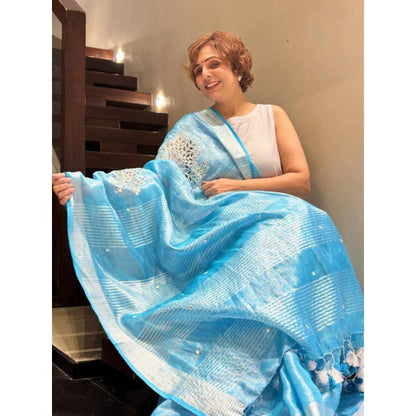 Isadora Life Womens Embroidered Mirror Work Blue Pre-Draped Saree With Unstitched Blouse