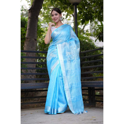 Isadora Life Womens Embroidered Mirror Work Blue Pre-Draped Saree With Unstitched Blouse