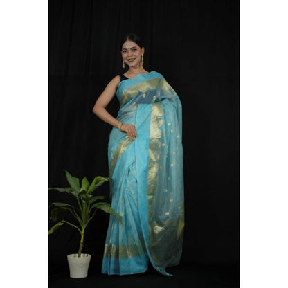 Isadora Life Womens Woven Zari Blue Pre-Draped Saree With Unstitched Blouse