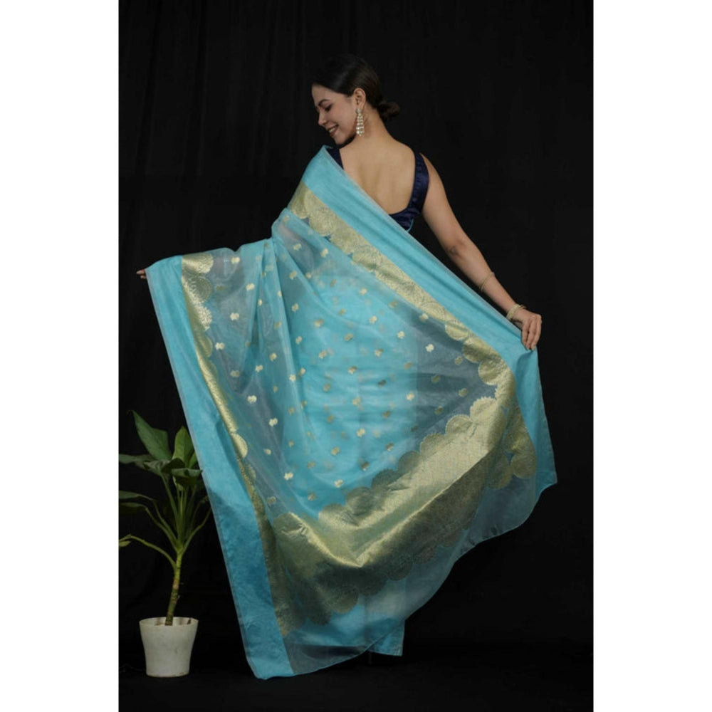 Isadora Life Womens Woven Zari Blue Pre-Draped Saree With Unstitched Blouse