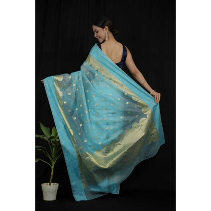 Isadora Life Womens Woven Zari Blue Pre-Draped Saree With Unstitched Blouse