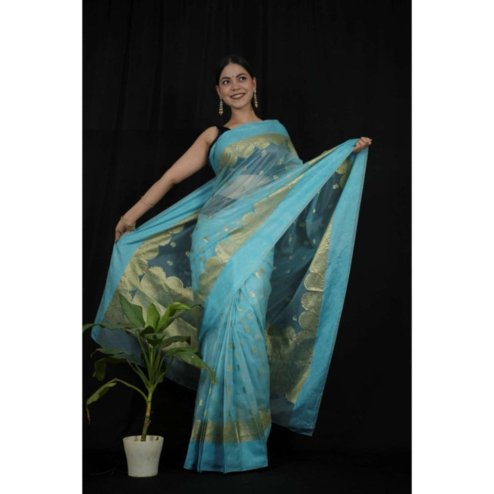 Isadora Life Womens Woven Zari Blue Pre-Draped Saree With Unstitched Blouse