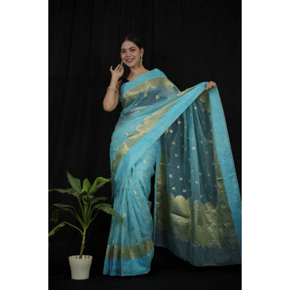 Isadora Life Womens Woven Zari Blue Pre-Draped Saree With Unstitched Blouse