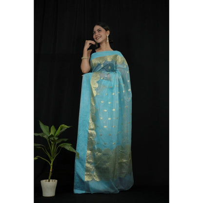 Isadora Life Womens Woven Zari Blue Pre-Draped Saree With Unstitched Blouse