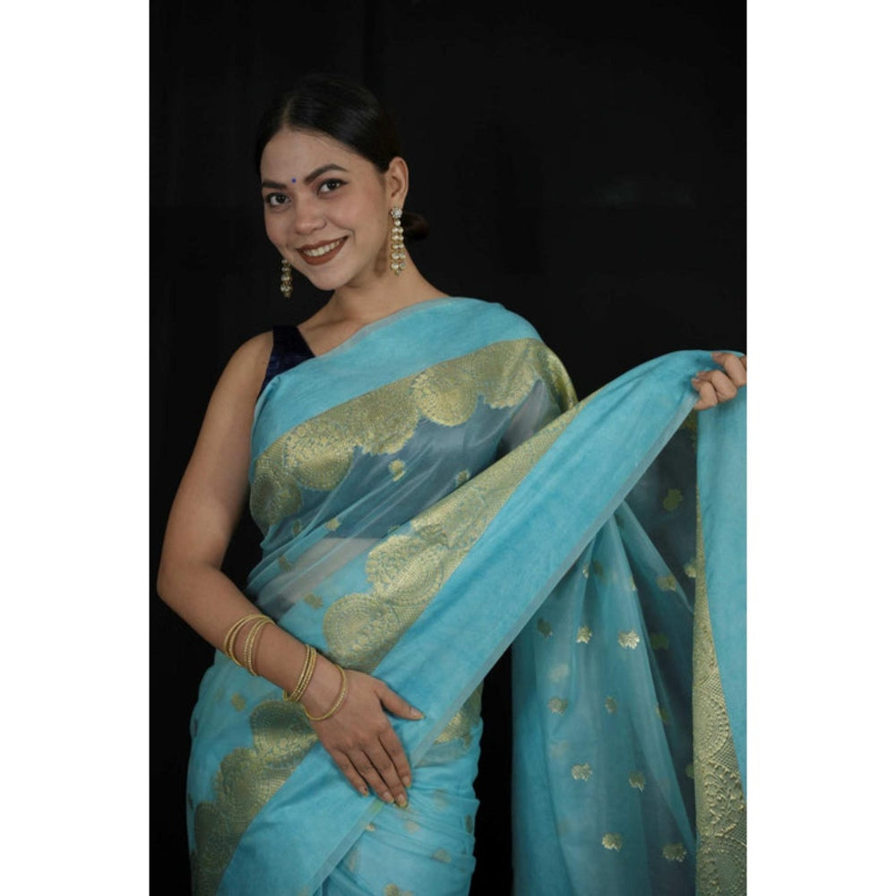 Isadora Life Womens Woven Zari Blue Pre-Draped Saree With Unstitched Blouse