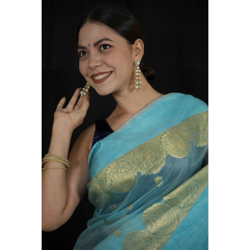 Isadora Life Womens Woven Zari Blue Pre-Draped Saree With Unstitched Blouse