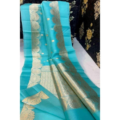 Isadora Life Womens Woven Zari Blue Pre-Draped Saree With Unstitched Blouse