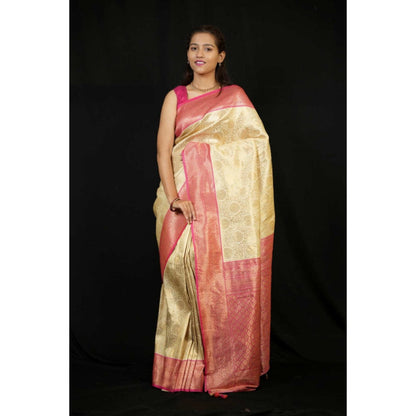 Isadora Life Womens Woven Zari Cream Pre-Draped Saree With Unstitched Blouse