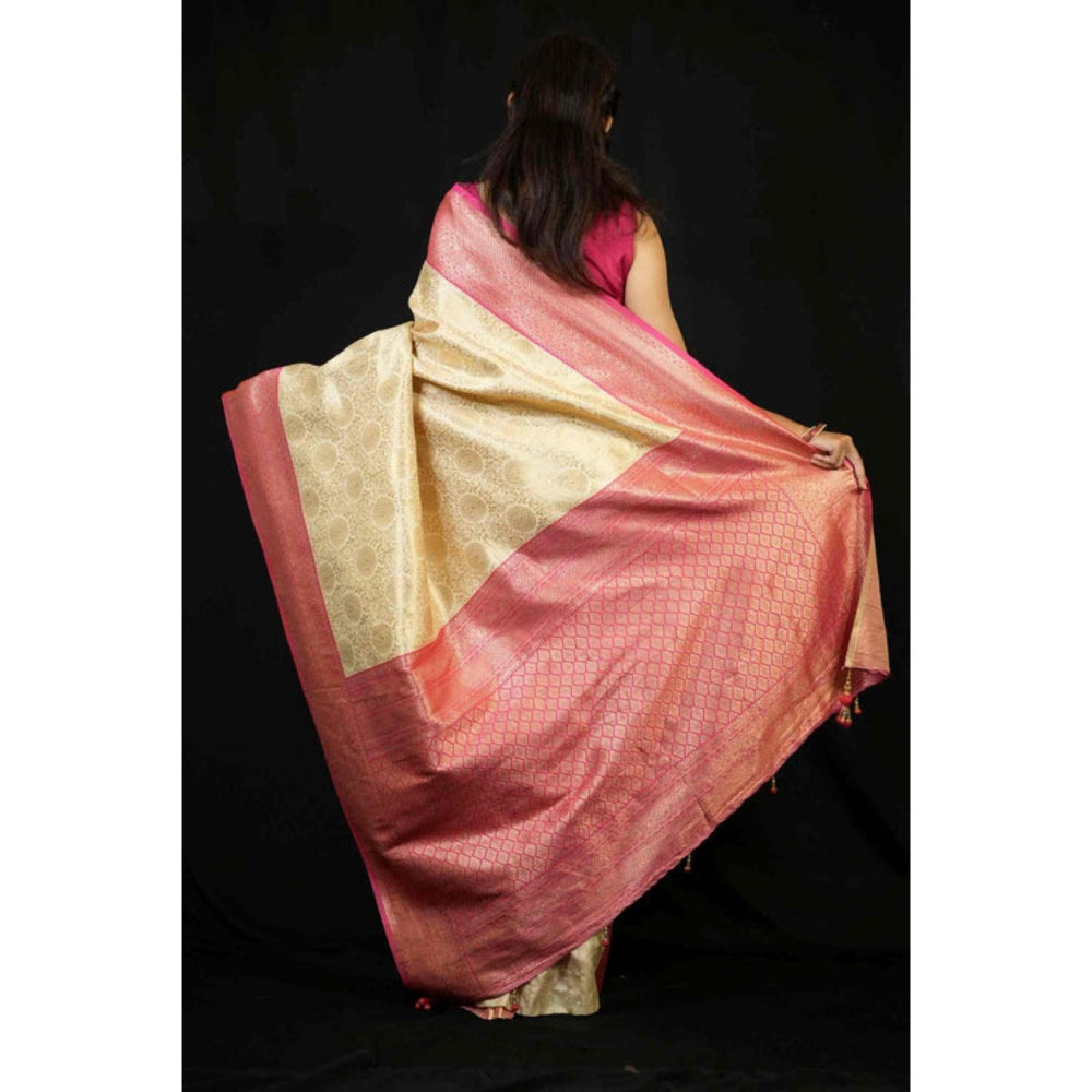 Isadora Life Womens Woven Zari Cream Pre-Draped Saree With Unstitched Blouse