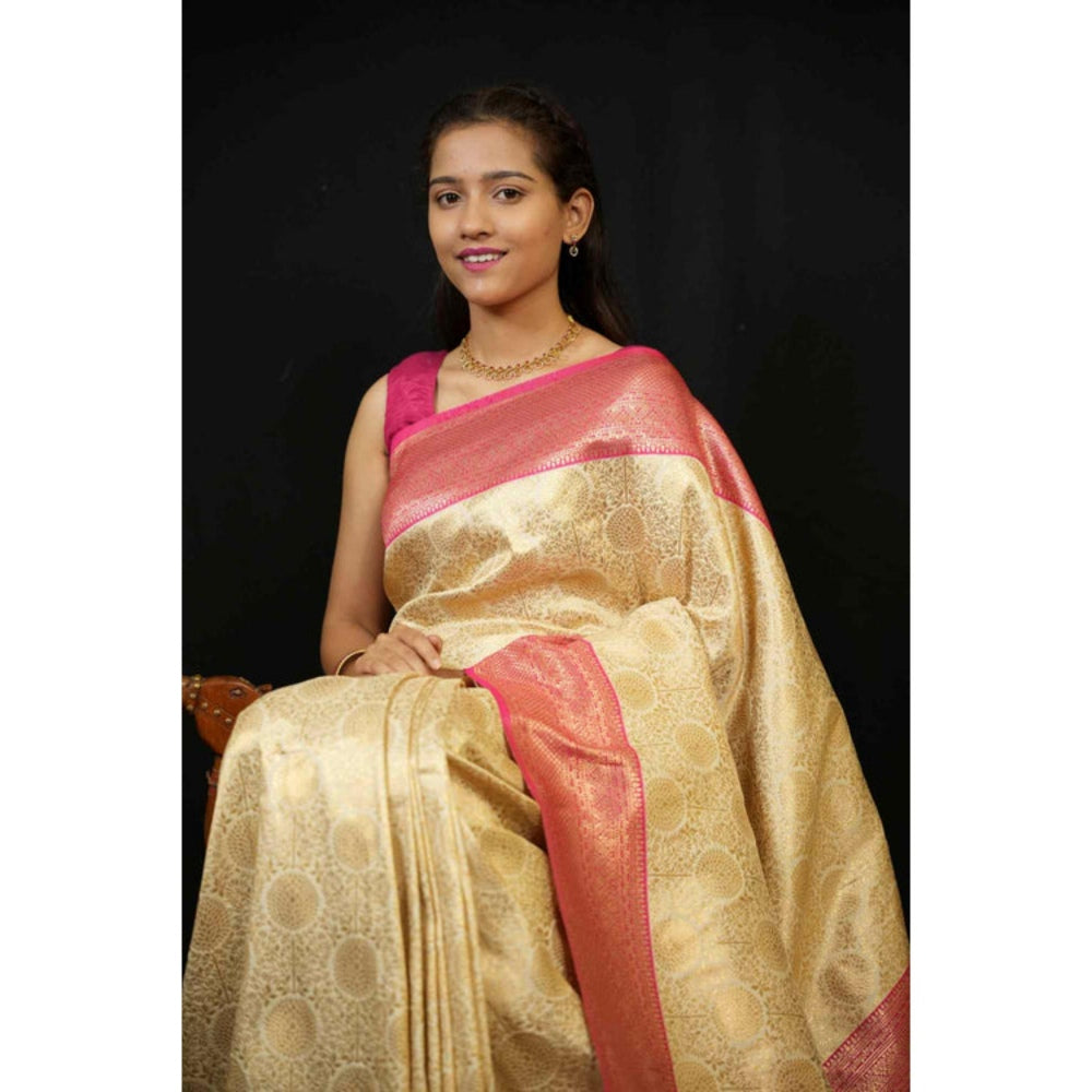 Isadora Life Womens Woven Zari Cream Pre-Draped Saree With Unstitched Blouse