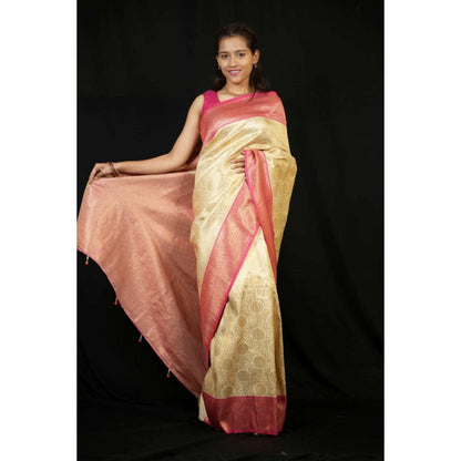 Isadora Life Womens Woven Zari Cream Pre-Draped Saree With Unstitched Blouse