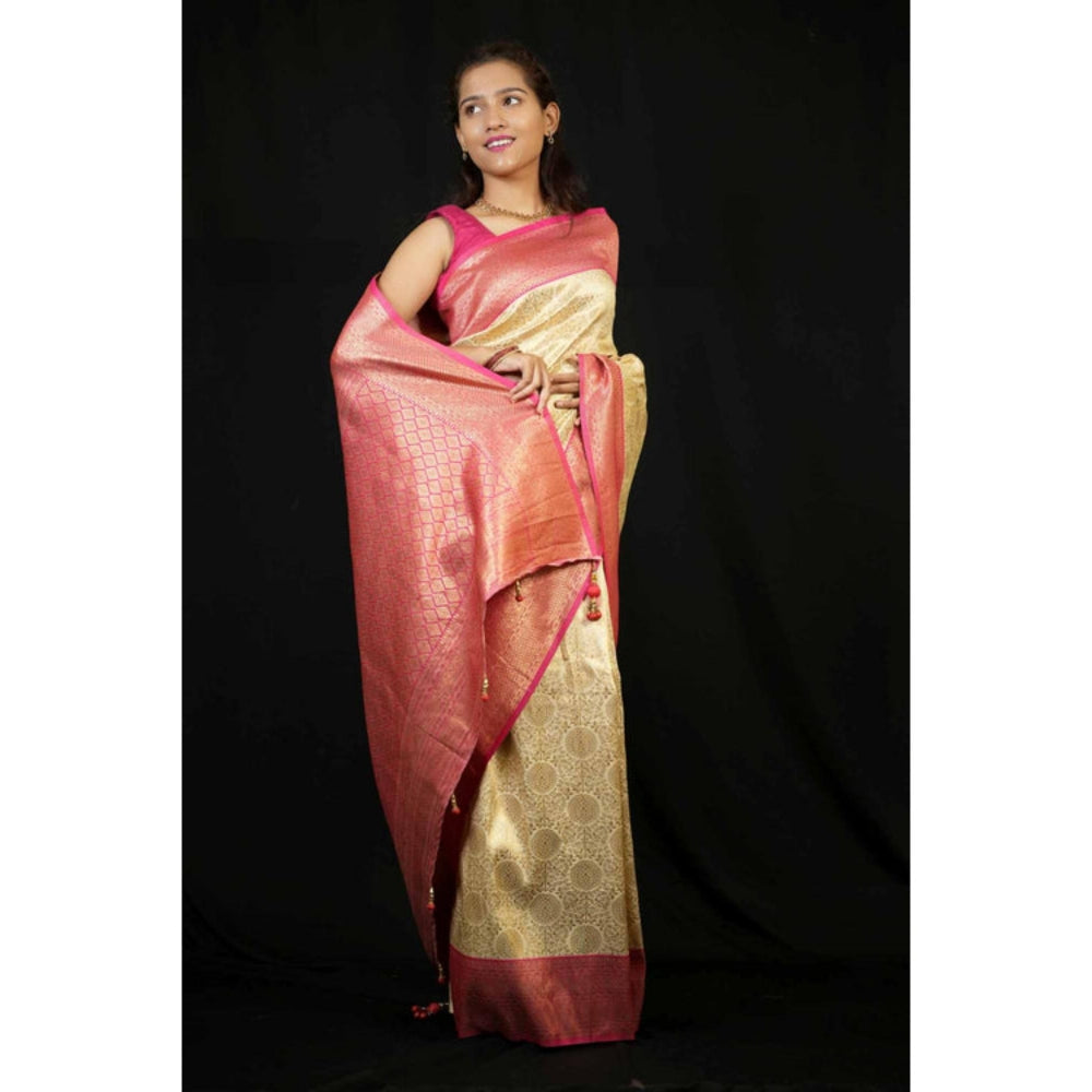 Isadora Life Womens Woven Zari Cream Pre-Draped Saree With Unstitched Blouse