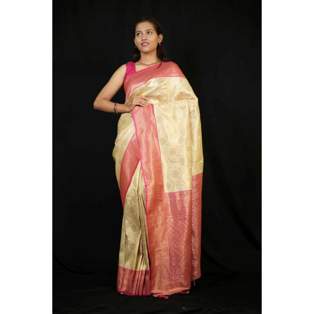 Isadora Life Womens Woven Zari Cream Pre-Draped Saree With Unstitched Blouse