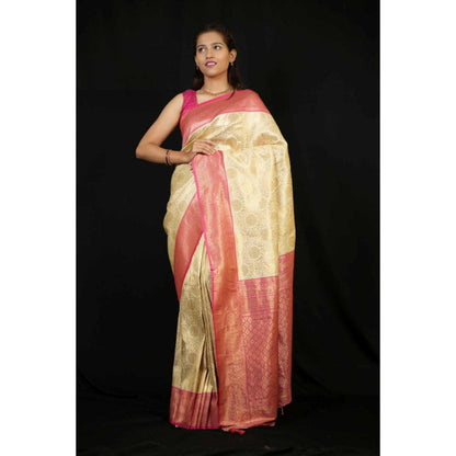 Isadora Life Womens Woven Zari Cream Pre-Draped Saree With Unstitched Blouse