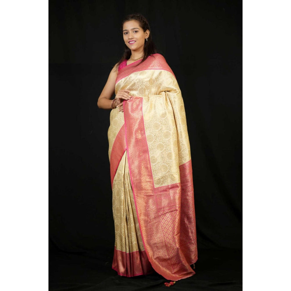 Isadora Life Womens Woven Zari Cream Pre-Draped Saree With Unstitched Blouse