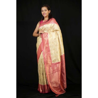 Isadora Life Womens Woven Zari Cream Pre-Draped Saree With Unstitched Blouse