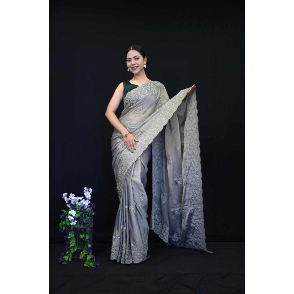 Isadora Life Womens Embroidered Sequined Grey Pre-Draped Saree With Unstitched Blouse
