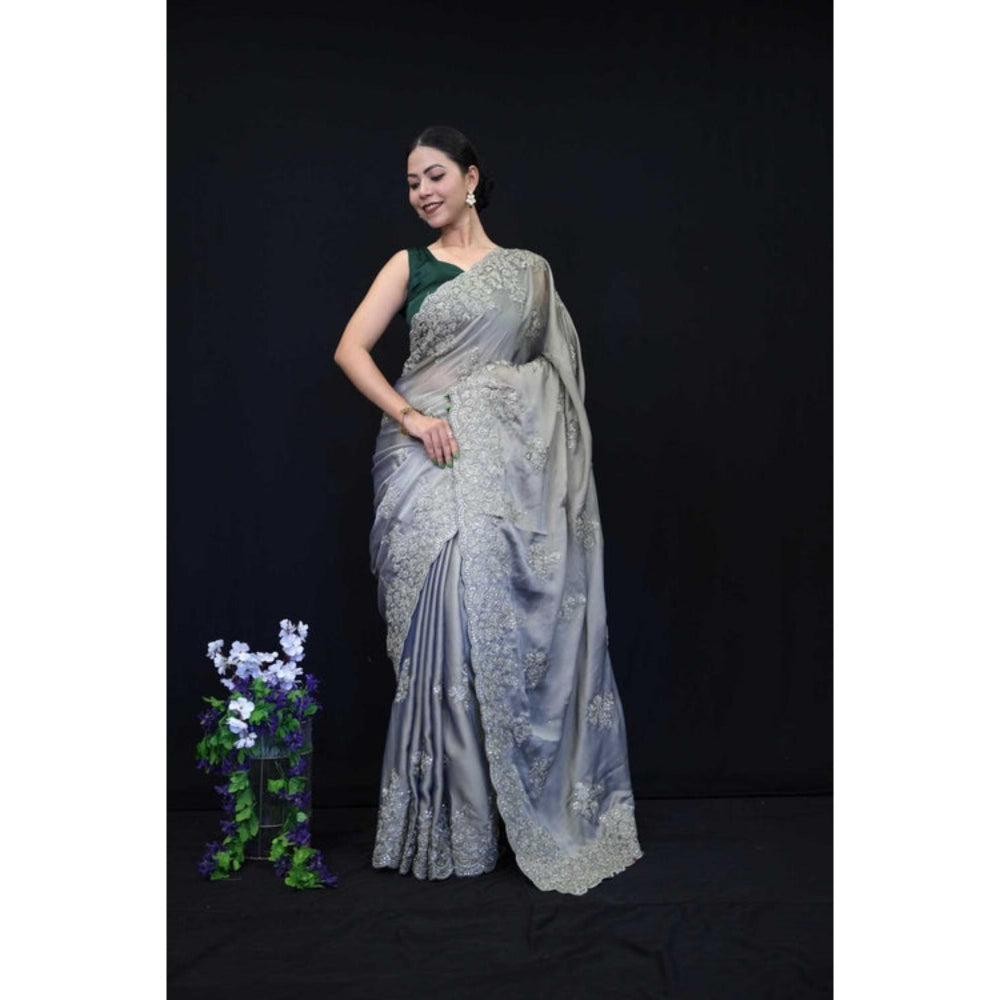 Isadora Life Womens Embroidered Sequined Grey Pre-Draped Saree With Unstitched Blouse