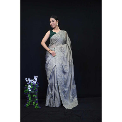 Isadora Life Womens Embroidered Sequined Grey Pre-Draped Saree With Unstitched Blouse