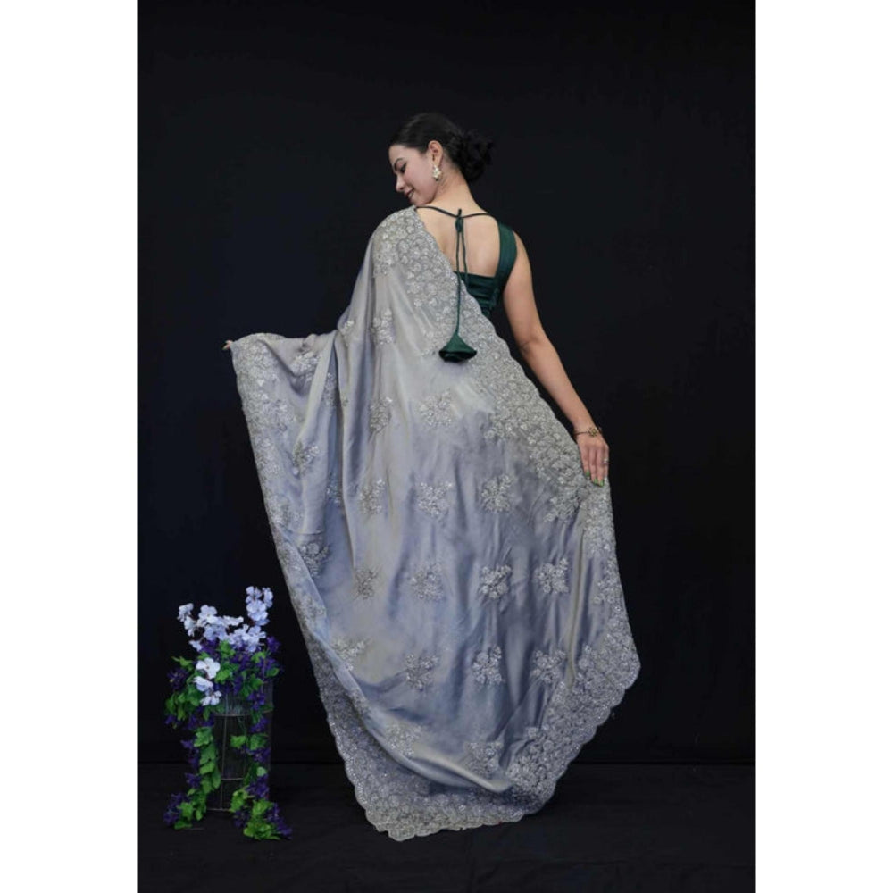 Isadora Life Womens Embroidered Sequined Grey Pre-Draped Saree With Unstitched Blouse