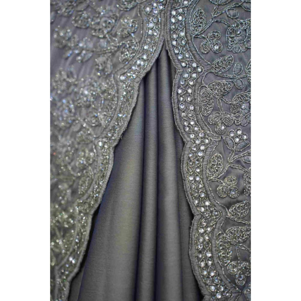 Isadora Life Womens Embroidered Sequined Grey Pre-Draped Saree With Unstitched Blouse