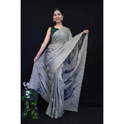 Isadora Life Womens Embroidered Sequined Grey Pre-Draped Saree With Unstitched Blouse