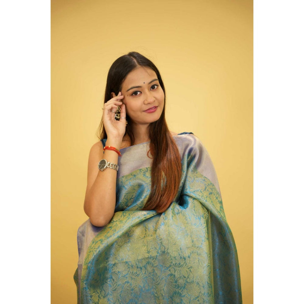 Isadora Life Womens Floral Zari Blue Pre-Draped Saree With Unstitched Blouse