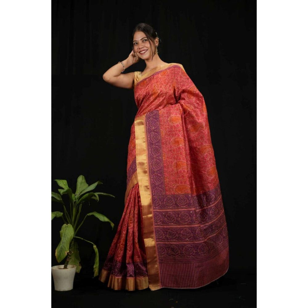 Isadora Life Womens Printed Red Pre-Draped Saree With Unstitched Blouse