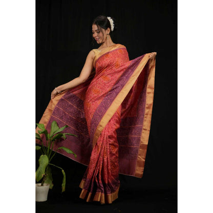 Isadora Life Womens Printed Red Pre-Draped Saree With Unstitched Blouse