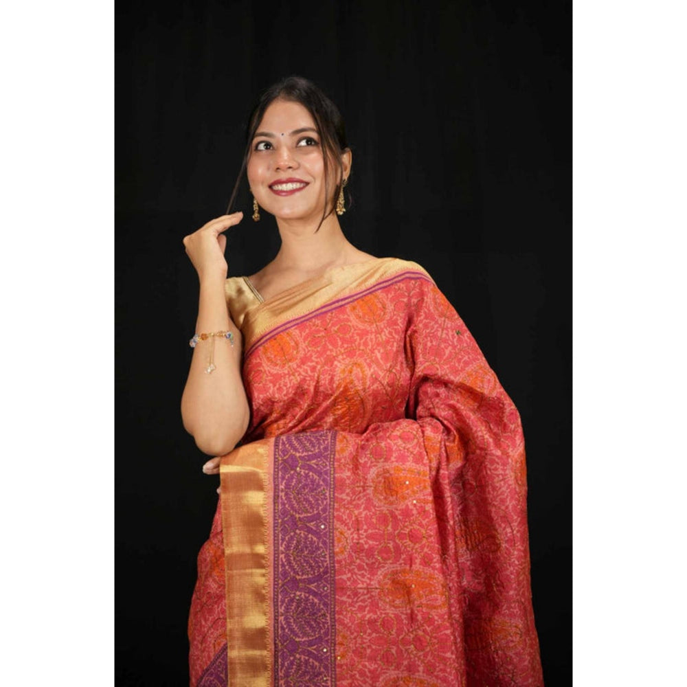 Isadora Life Womens Printed Red Pre-Draped Saree With Unstitched Blouse