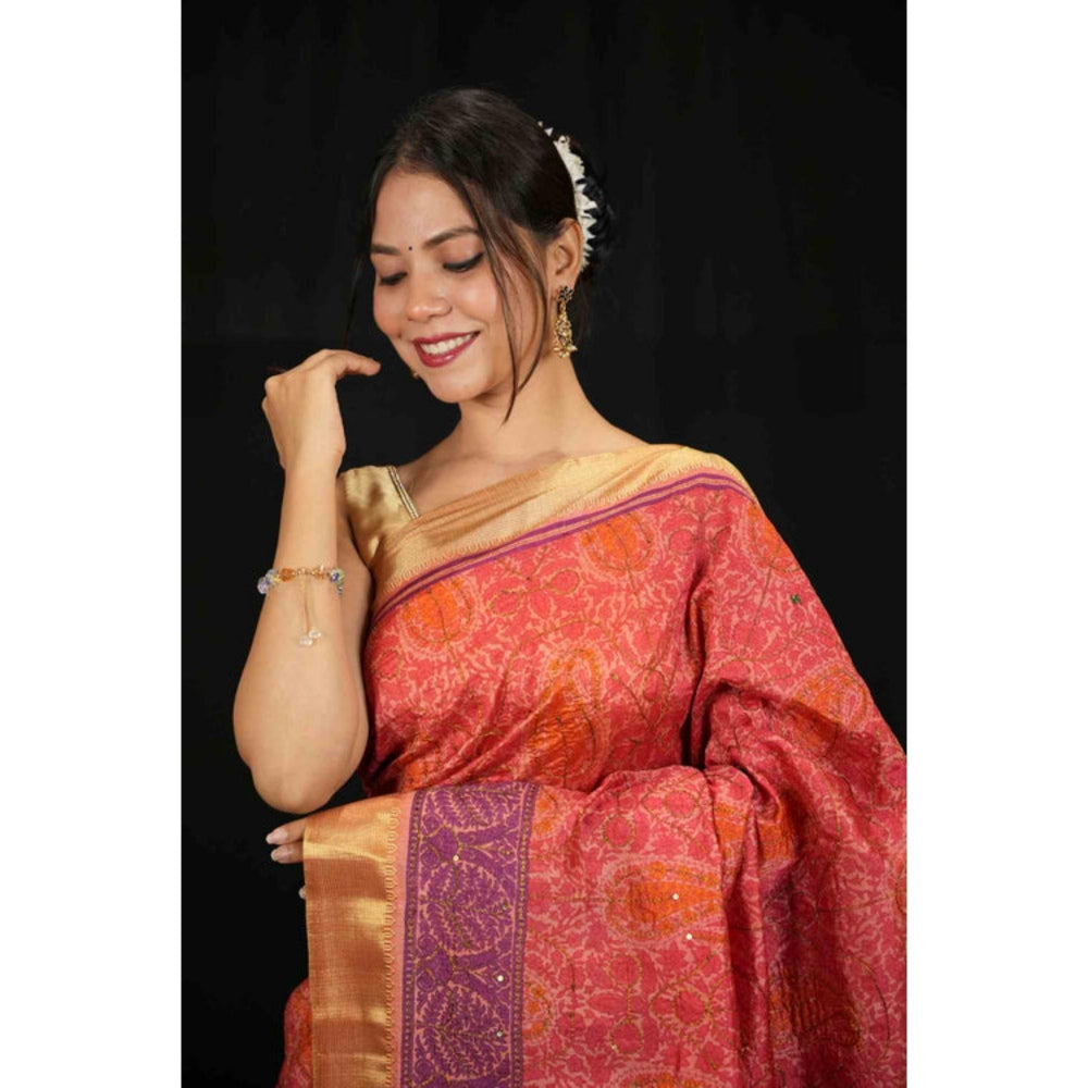 Isadora Life Womens Printed Red Pre-Draped Saree With Unstitched Blouse