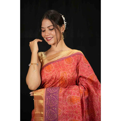 Isadora Life Womens Printed Red Pre-Draped Saree With Unstitched Blouse