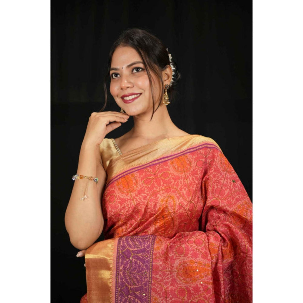 Isadora Life Womens Printed Red Pre-Draped Saree With Unstitched Blouse