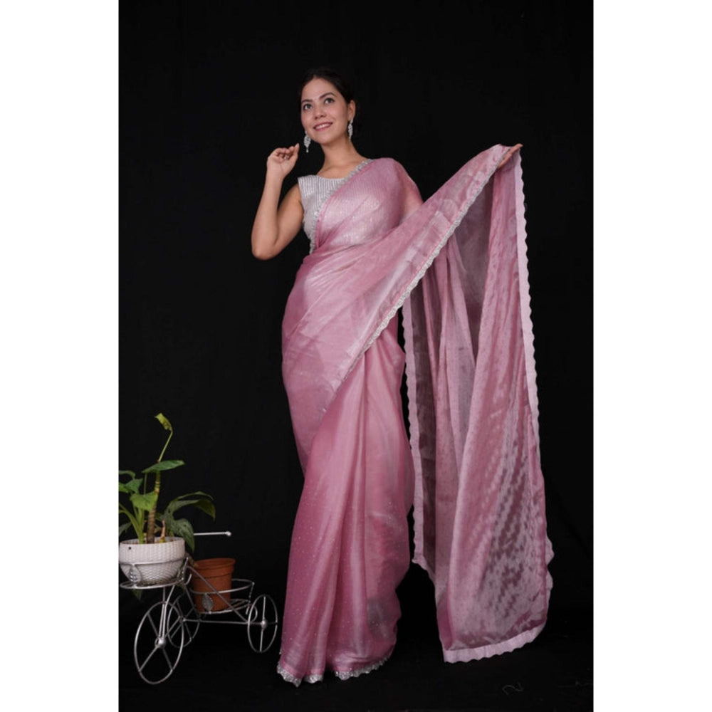 Isadora Life Womens Sequined Lace Work Pink Pre-Draped Saree With Unstitched Blouse