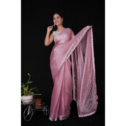 Isadora Life Womens Sequined Lace Work Pink Pre-Draped Saree With Unstitched Blouse