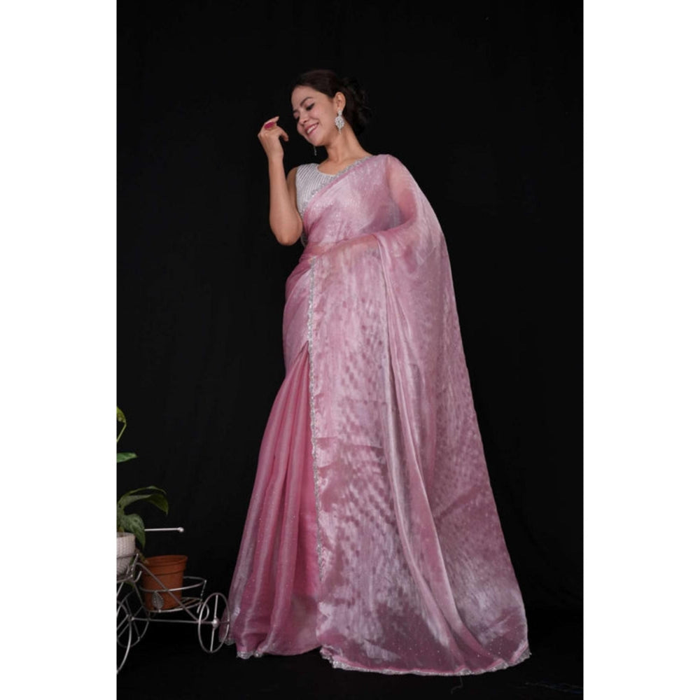 Isadora Life Womens Sequined Lace Work Pink Pre-Draped Saree With Unstitched Blouse