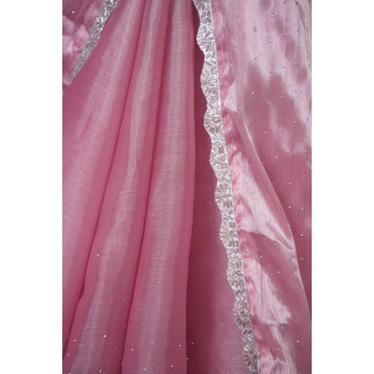 Isadora Life Womens Sequined Lace Work Pink Pre-Draped Saree With Unstitched Blouse
