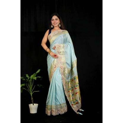 Isadora Life Womens Embroidered Sequined Blue Pre-Draped Saree With Unstitched Blouse