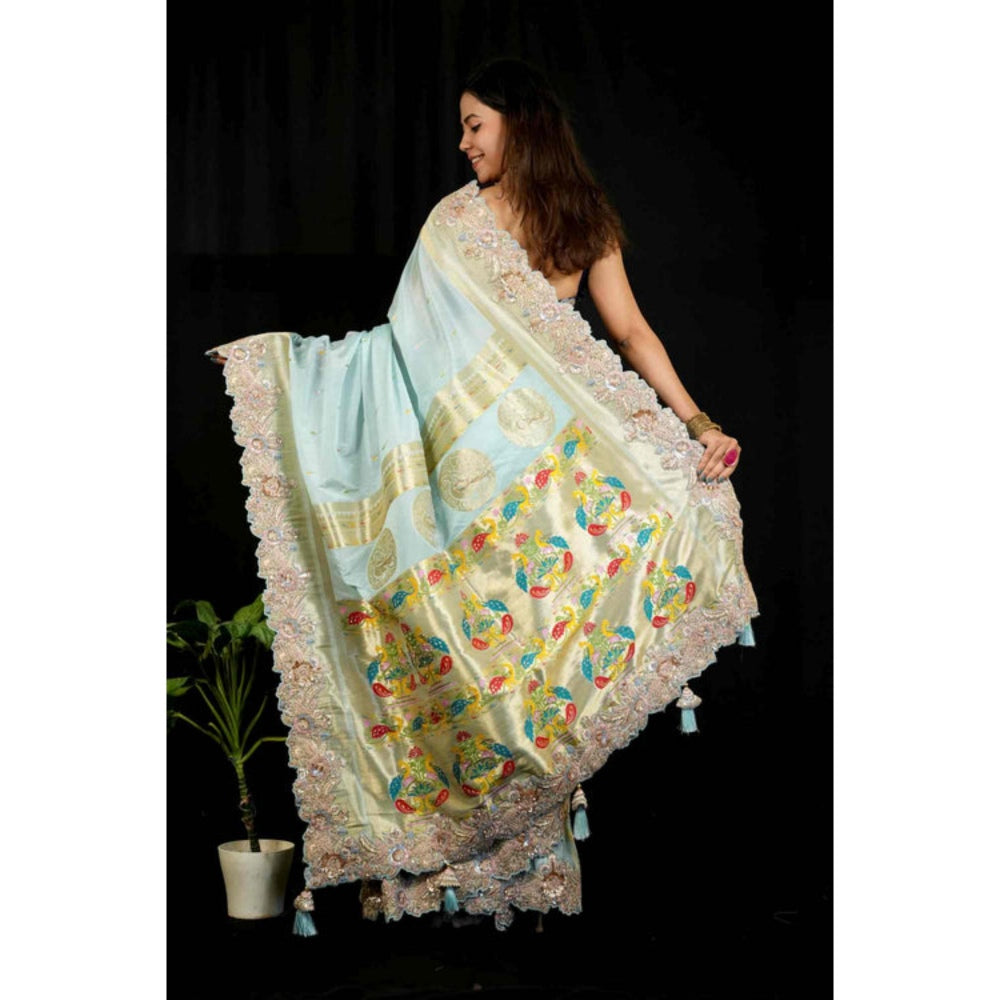 Isadora Life Womens Embroidered Sequined Blue Pre-Draped Saree With Unstitched Blouse