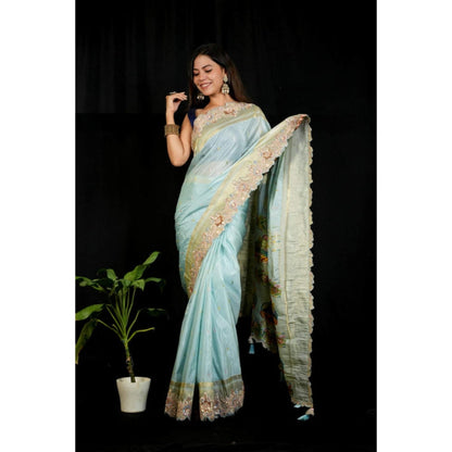 Isadora Life Womens Embroidered Sequined Blue Pre-Draped Saree With Unstitched Blouse