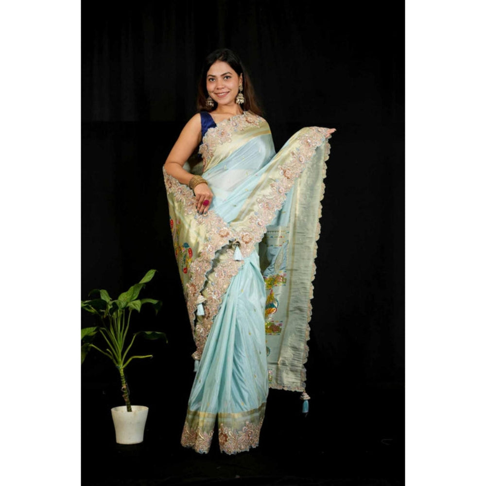 Isadora Life Womens Embroidered Sequined Blue Pre-Draped Saree With Unstitched Blouse