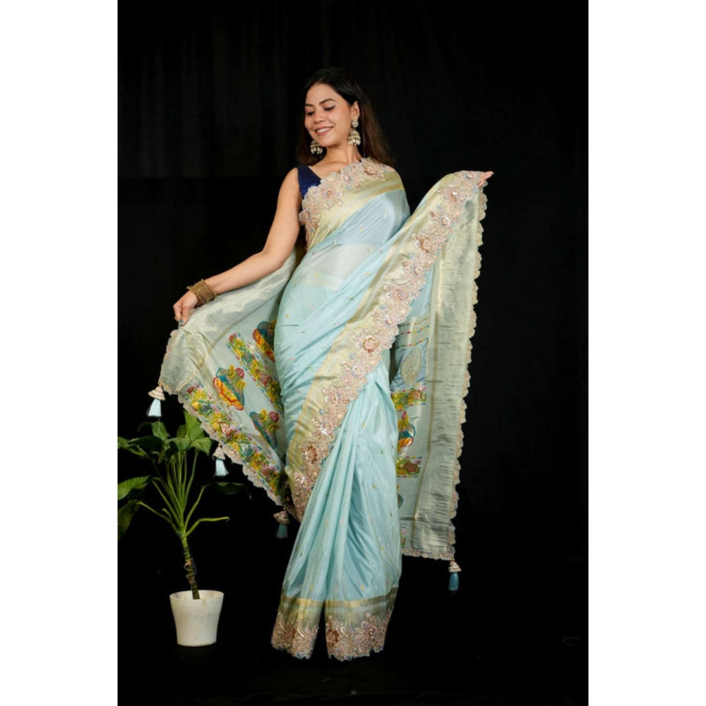 Isadora Life Womens Embroidered Sequined Blue Pre-Draped Saree With Unstitched Blouse
