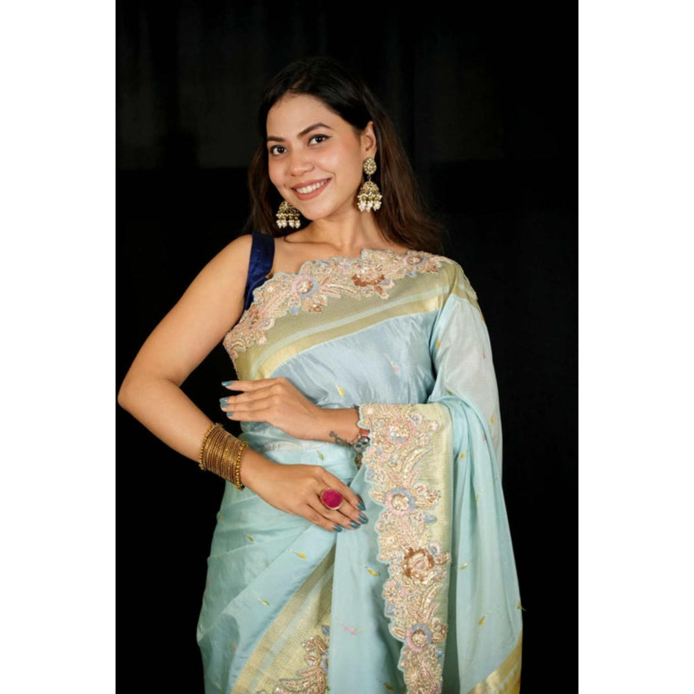 Isadora Life Womens Embroidered Sequined Blue Pre-Draped Saree With Unstitched Blouse