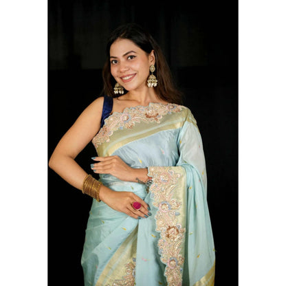 Isadora Life Womens Embroidered Sequined Blue Pre-Draped Saree With Unstitched Blouse