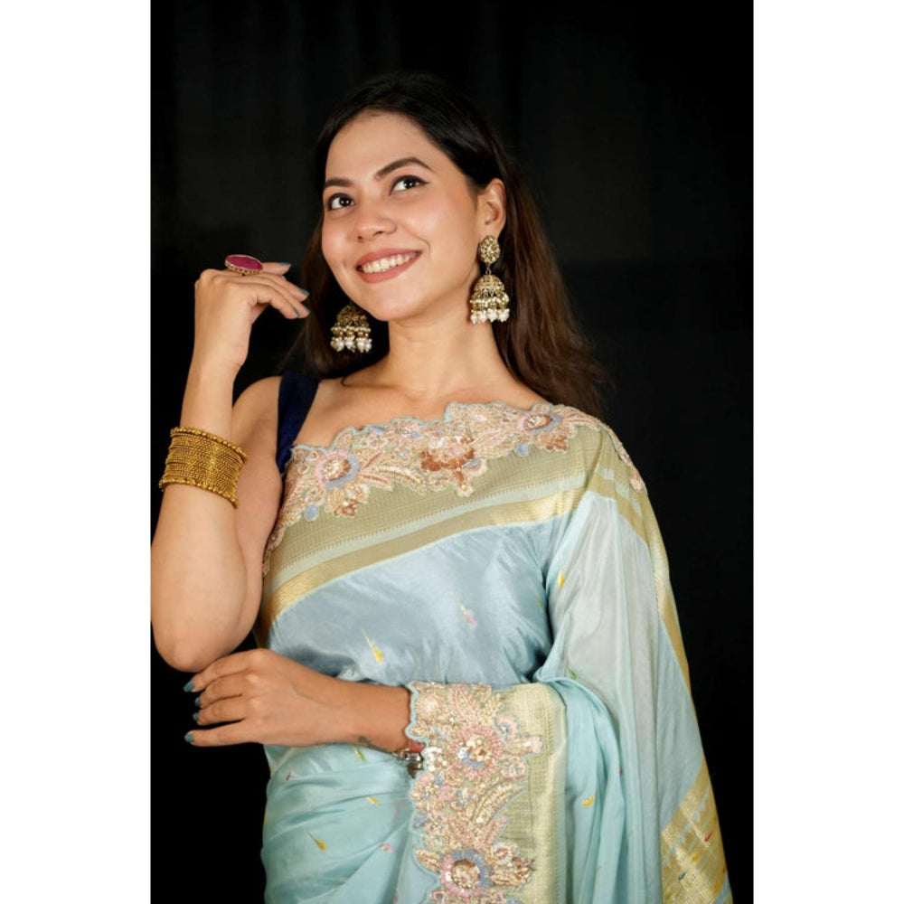 Isadora Life Womens Embroidered Sequined Blue Pre-Draped Saree With Unstitched Blouse