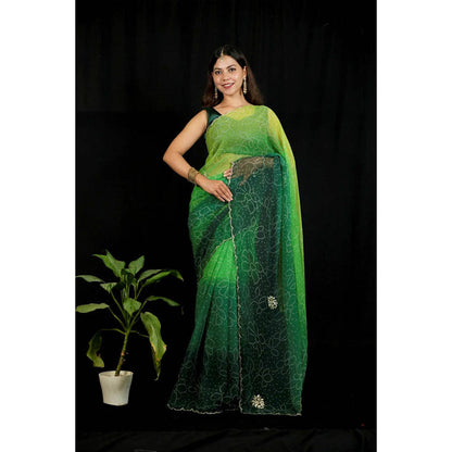 Isadora Life Womens Ombre Bandhani Green Pre-Draped Saree With Unstitched Blouse