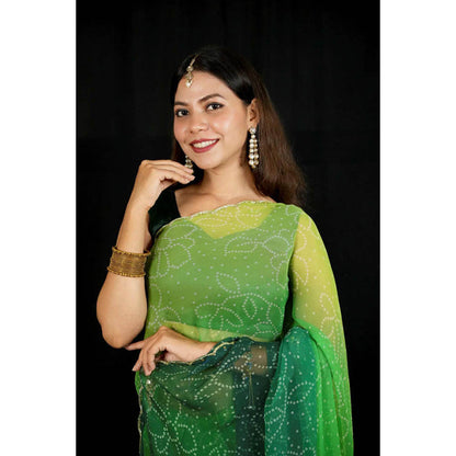 Isadora Life Womens Ombre Bandhani Green Pre-Draped Saree With Unstitched Blouse